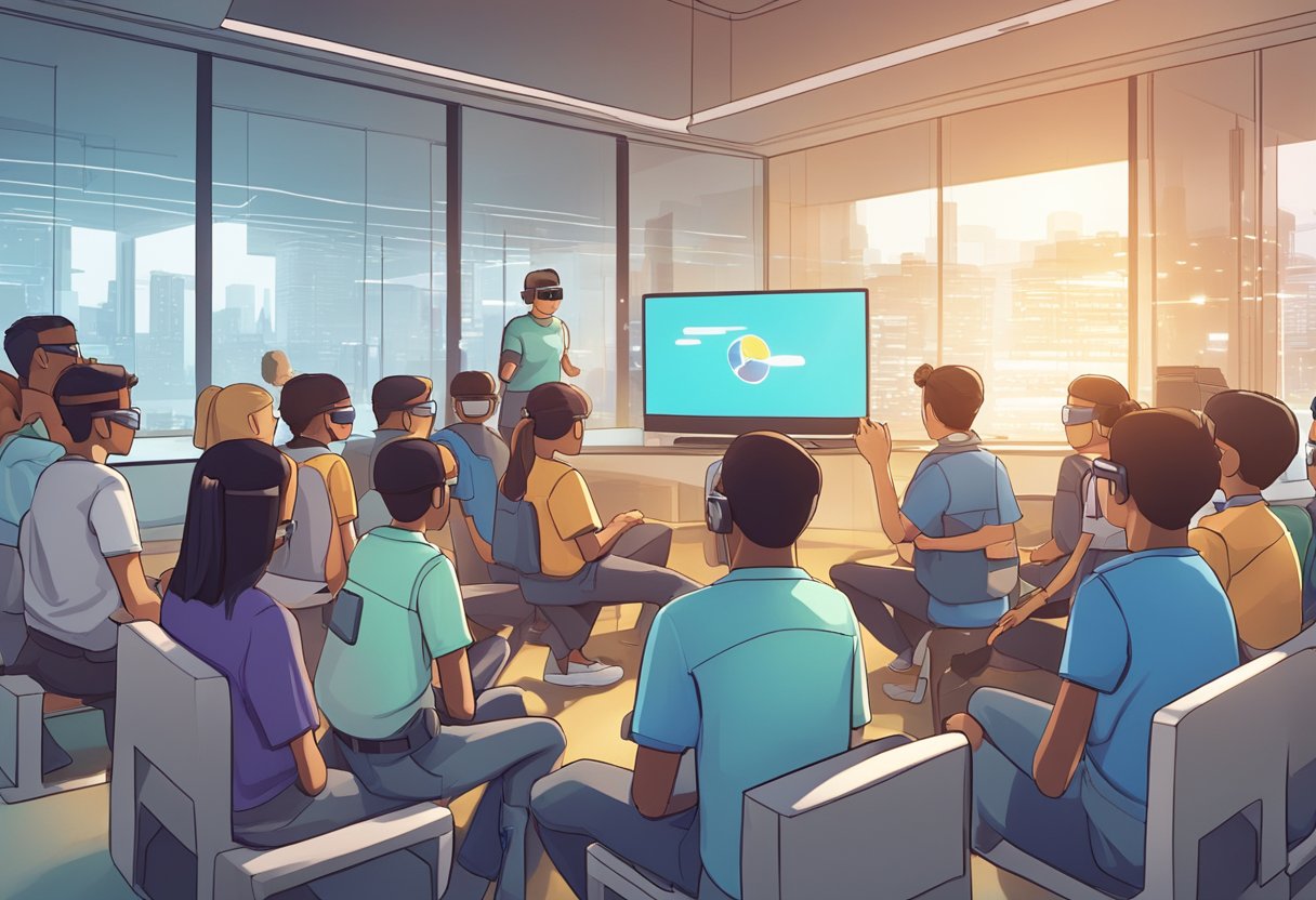 A group of students and teachers gather around a futuristic virtual reality display, eagerly discussing the latest features in Roblox 2024