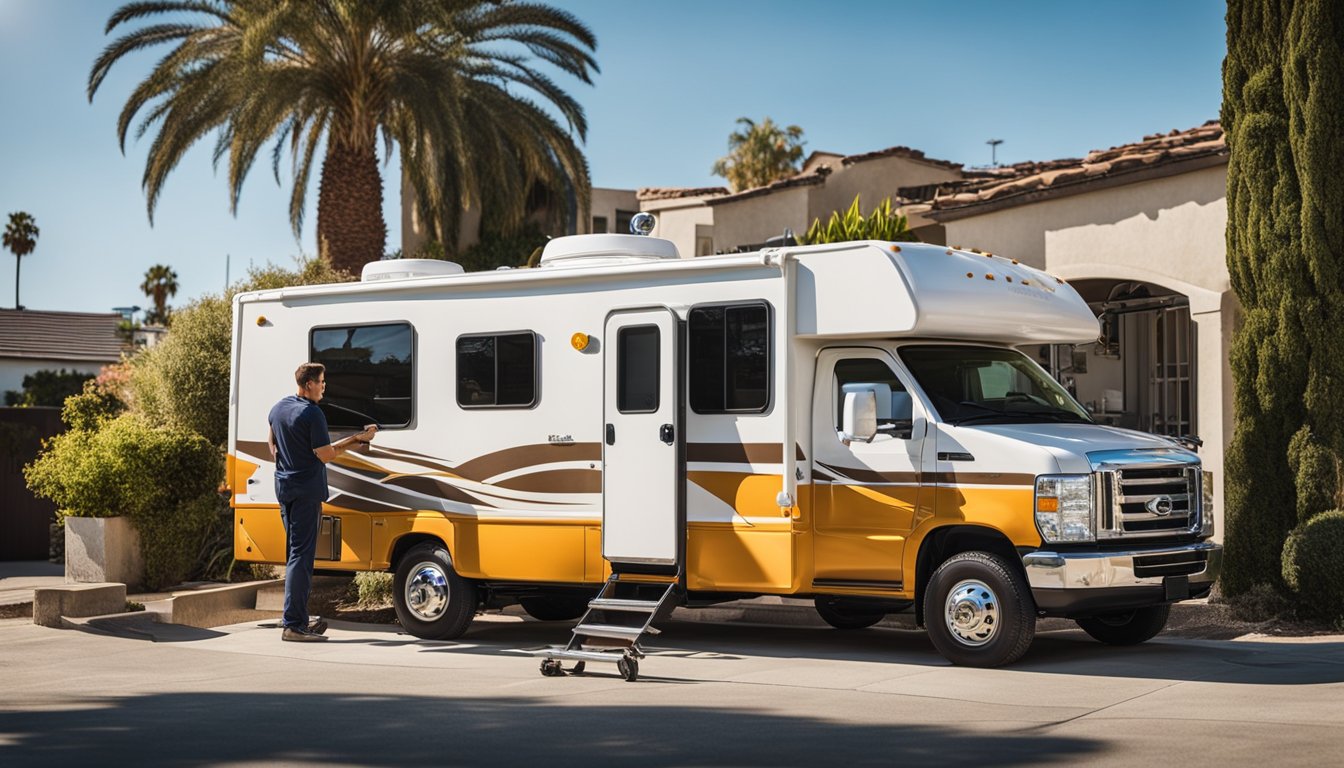 An RV parked in a sunny Los Angeles neighborhood, with a repair technician working on its exterior. Nearby, a toolbox and mobile repair van are visible