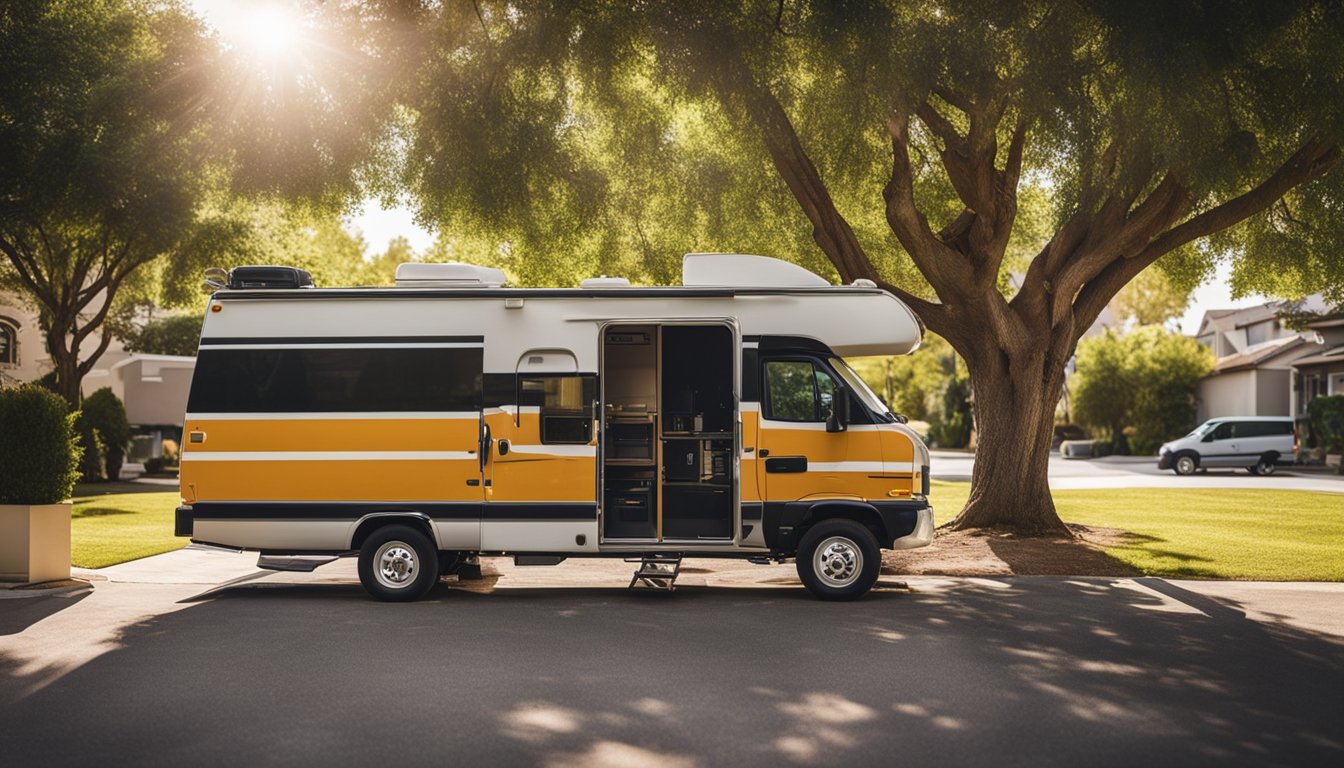 A mobile RV repair van parked in a residential neighborhood, with a technician working on a motorhome under a shady tree