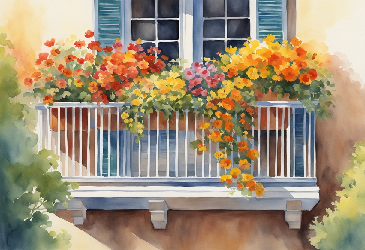 A colorful array of fall-blooming flowers cascading from a balcony planter, with vibrant hues of red, orange, and yellow creating a cheerful and inviting display