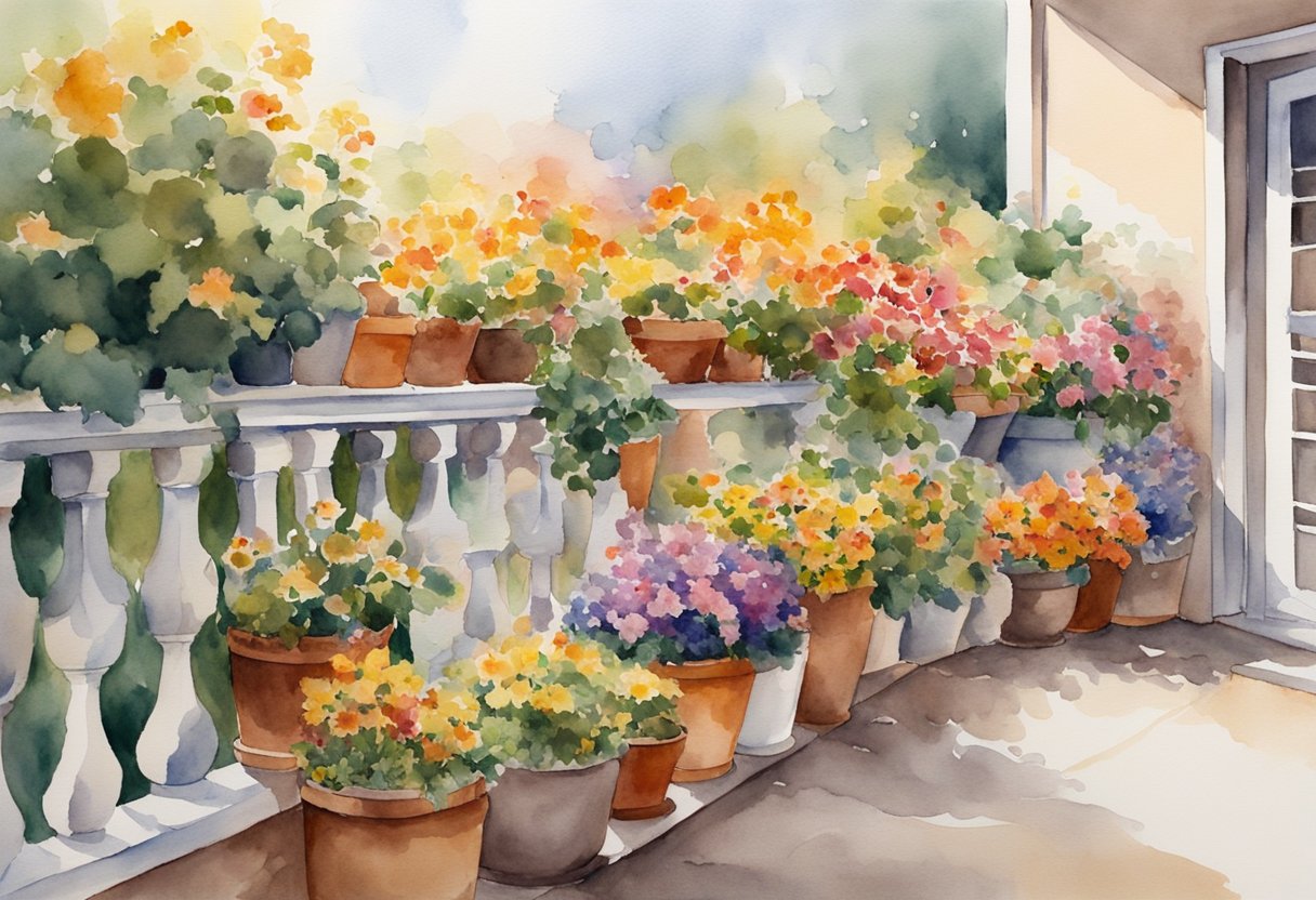 A balcony filled with pots of colorful fall-blooming flowers in full bloom, with leaves scattered on the ground