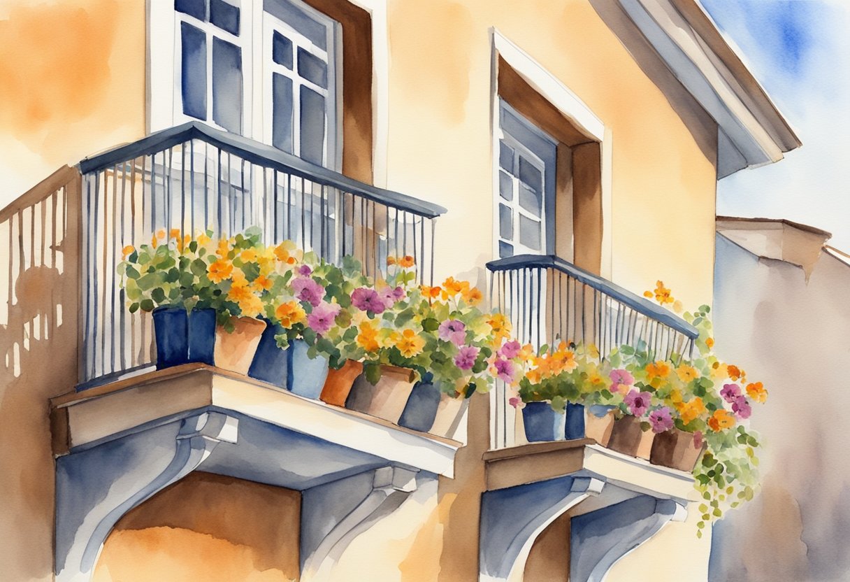 A balcony with potted fall-blooming flowers wilting from dry soil and pests, but thriving after receiving proper care and attention