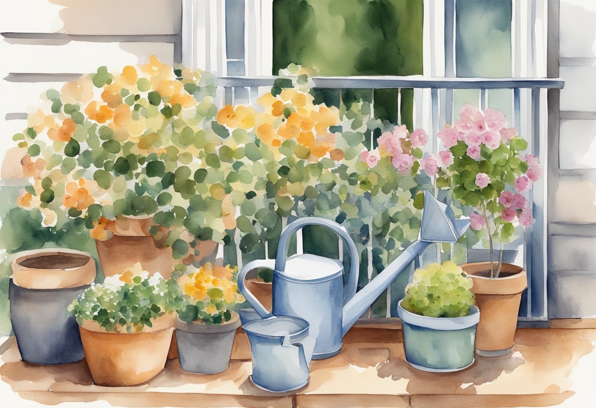 A balcony with potted fall-blooming flowers being pruned and fertilized, surrounded by gardening tools and a watering can