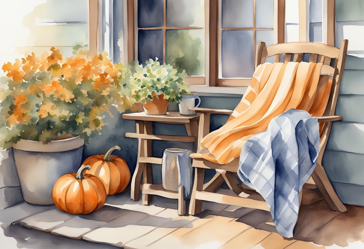 Some tips for a warm and inviting balcony include a warm, woolen blanket that drapes over a wooden chair surrounded by potted mums and pumpkins, with a steaming mug of cider on a small table.