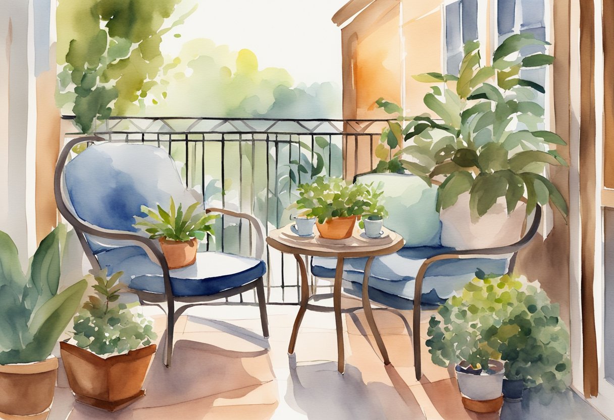 A balcony with a small table and chairs, surrounded by potted plants and cozy blankets, with a warm drink and a book on the table are some of our tips for a warm and inviting balcony.