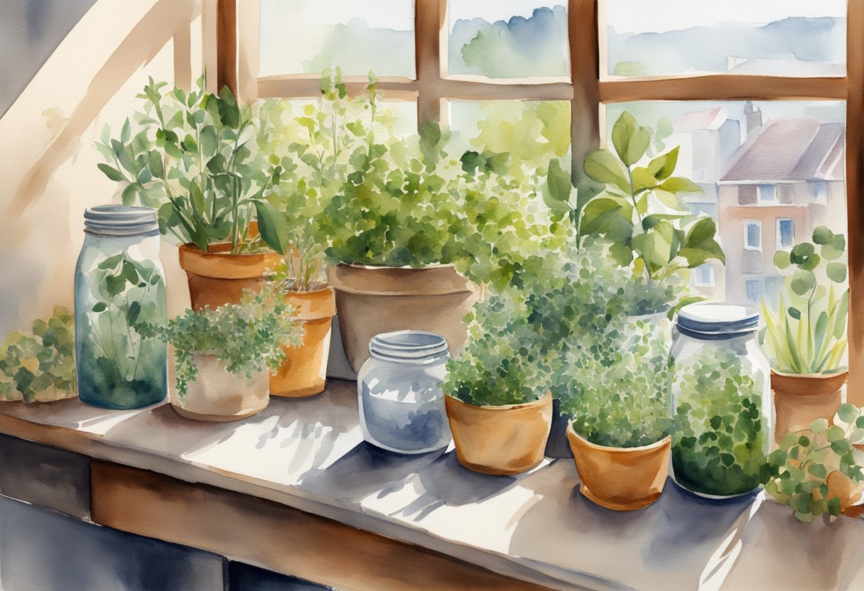 Freshly harvested herbs and plants are carefully arranged on a balcony table, surrounded by jars and containers for preservation. The warm sunlight illuminates the scene, creating a peaceful and inviting atmosphere