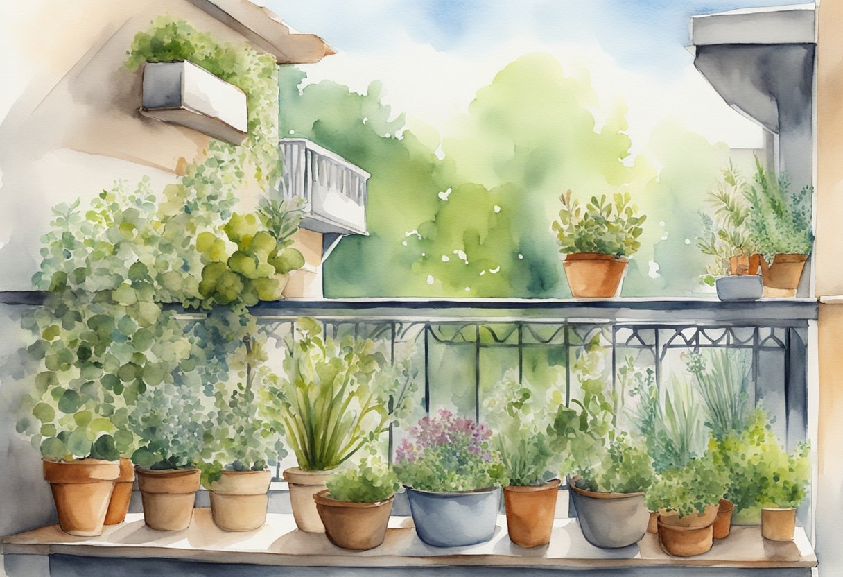 A balcony with various potted plants and herbs, some ready for harvest, others preserved in jars and containers