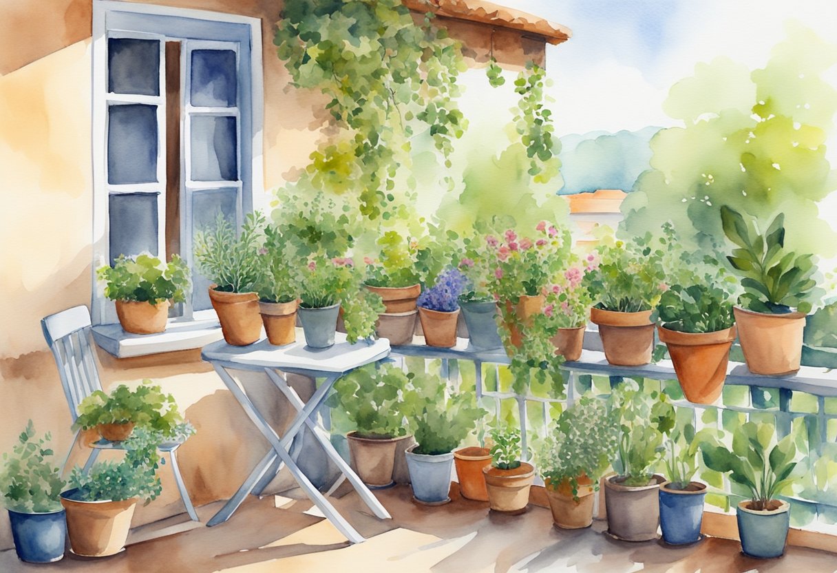 A sunny balcony filled with potted plants and herbs, with a small table for harvesting and preserving the fresh produce