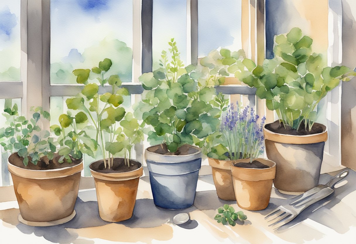 A pair of gardening gloves carefully plants and transfers various herbs and plants into pots on a balcony, surrounded by gardening tools and pots of soil