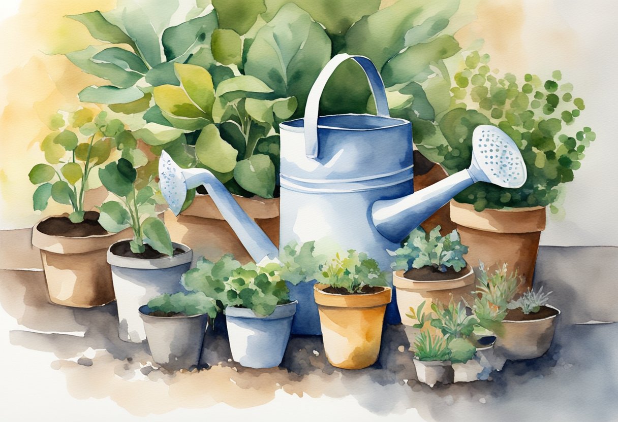 A watering can pours water onto potted plants, surrounded by bags of soil and bottles of plant nutrients