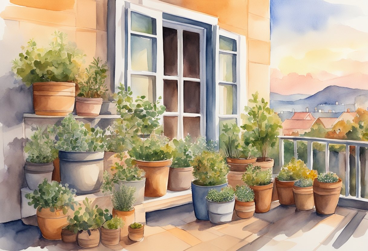 A cozy balcony with potted plants and herbs, ripe for harvest. Jars and containers are filled with preserved produce, and the warm glow of the sun sets in the background