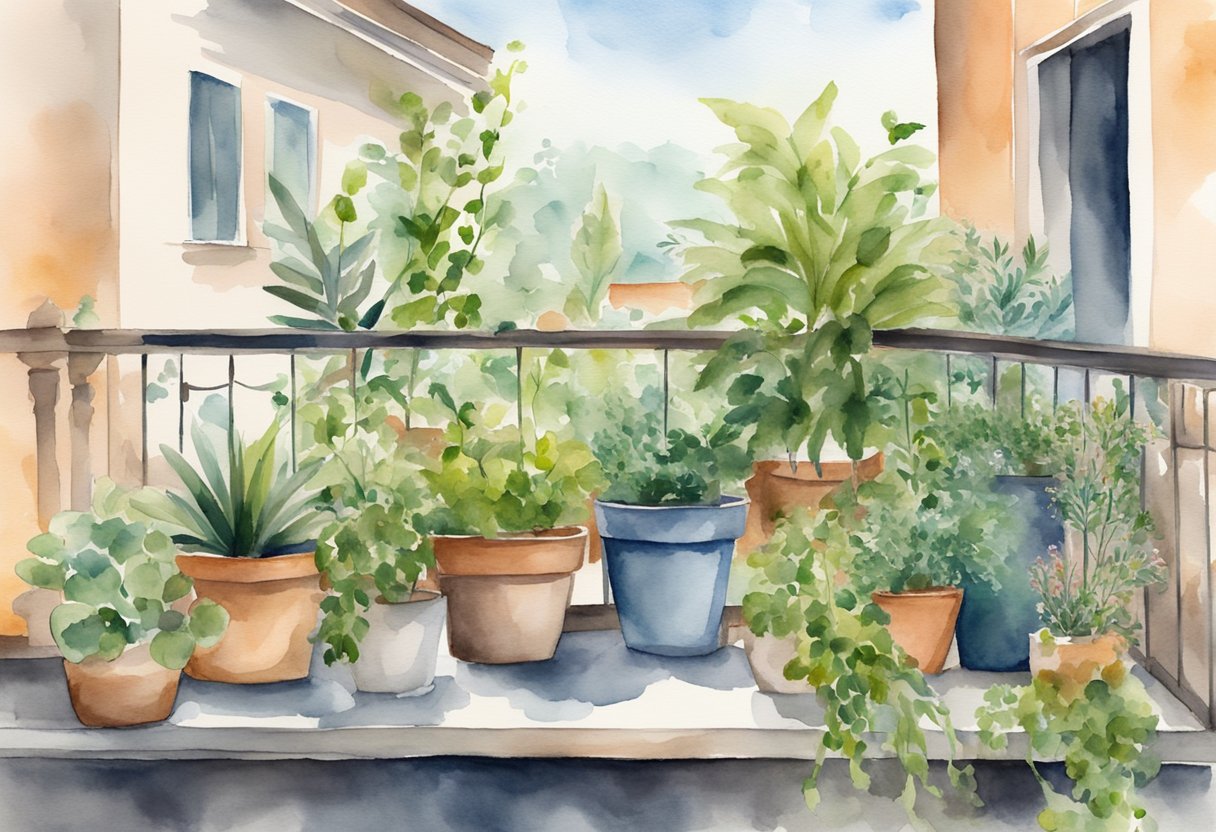 Lush balcony garden with various potted plants and herbs, ready for harvesting and preservation
