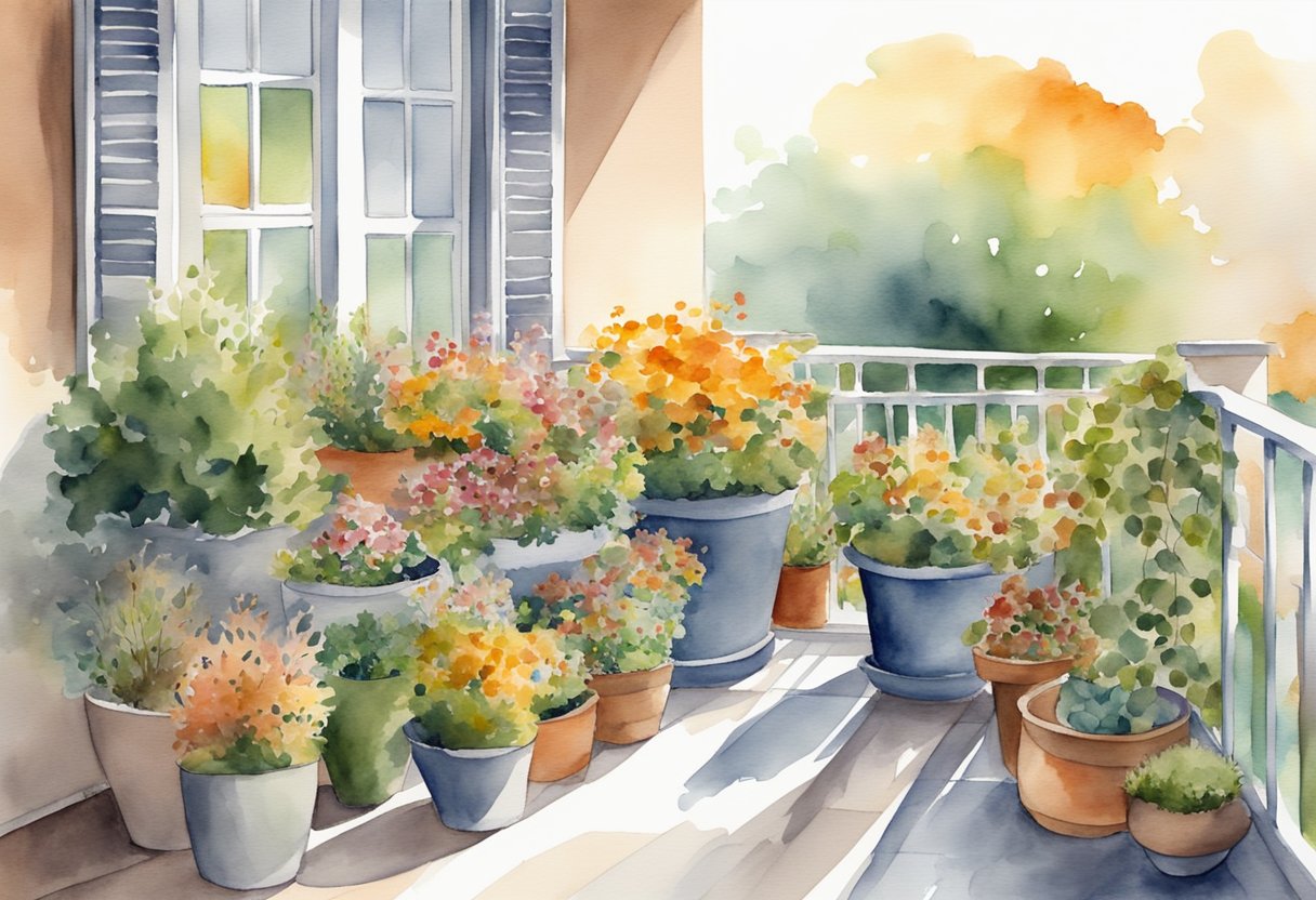 A balcony garden with vibrant fall plants in pots, arranged in a pleasing and practical layout to maximize space and sunlight