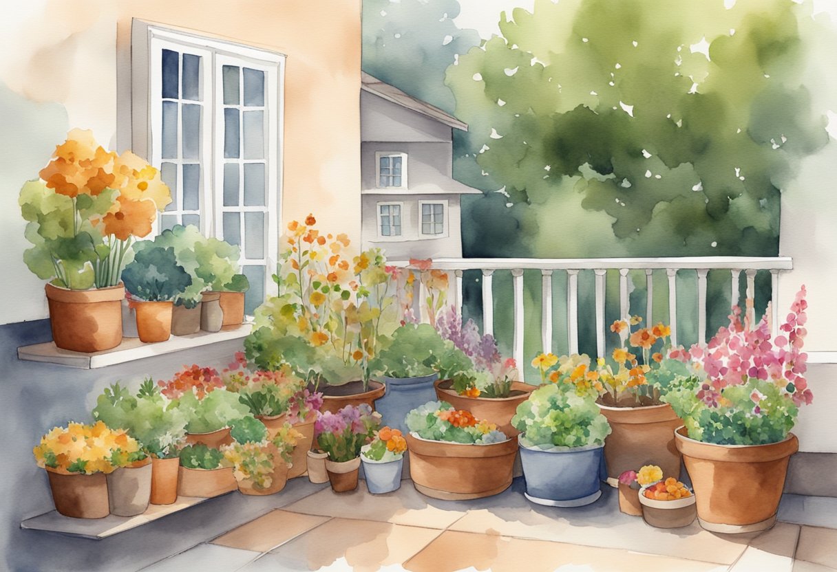 A balcony garden with pots of colorful fall flowers and vegetables, surrounded by bags of soil and gardening tools