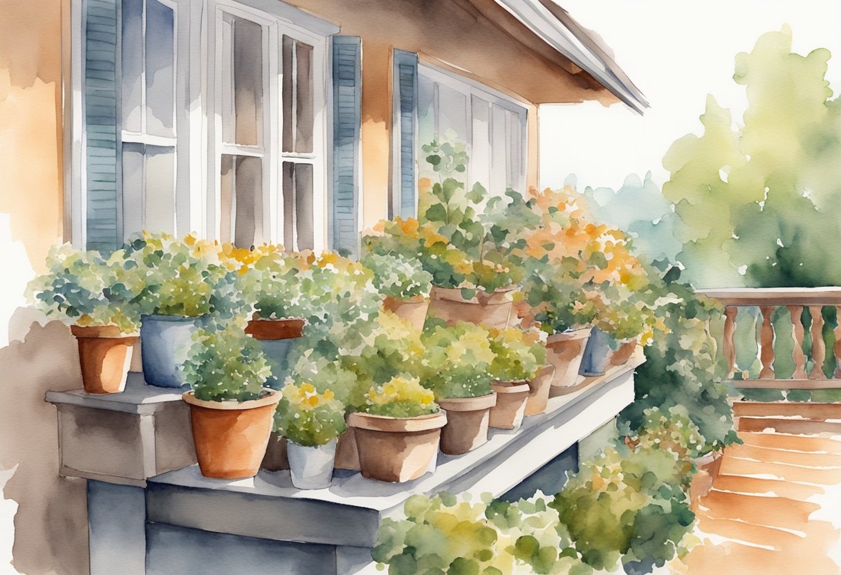 A balcony garden with potted plants being pruned and mulched for the fall season