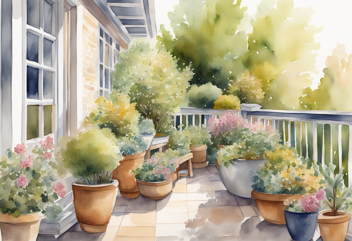 A balcony garden with potted trees, shrubs, and bulbs being carefully tended to in preparation for the fall season