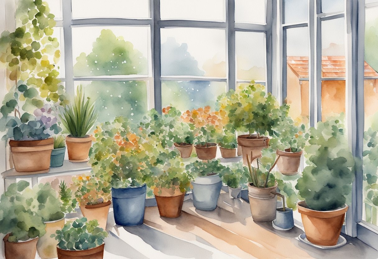 A balcony garden with potted plants, a small greenhouse, and tools for fall maintenance