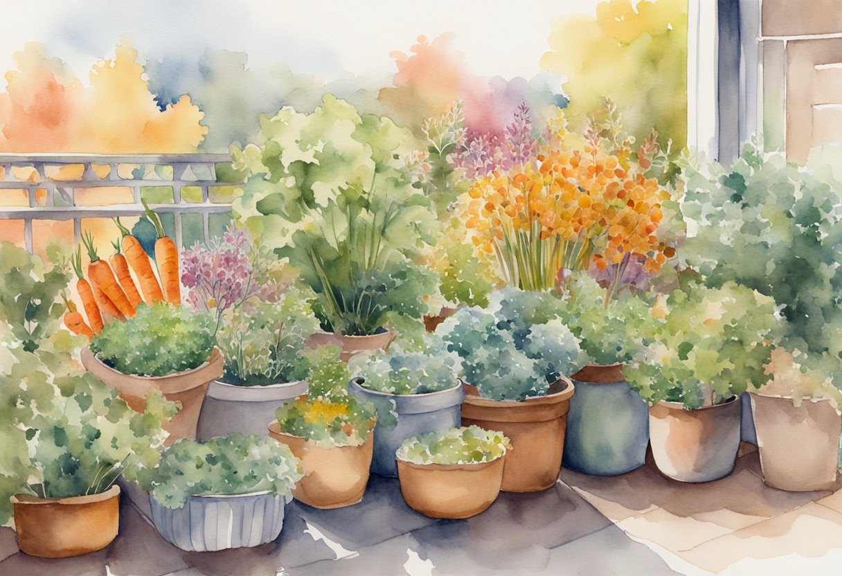 A balcony garden with a variety of fall plants intermingled, such as carrots and onions, with a backdrop of colorful foliage