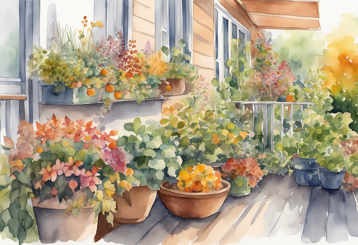 A colorful array of fall plants intermingling on a cozy balcony, showcasing the concept of companion planting for seasonal success in a small garden