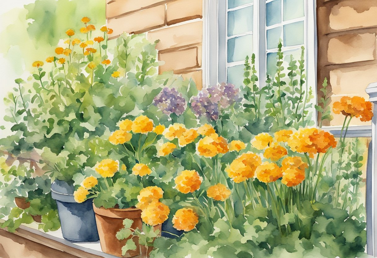 A variety of plants, such as marigolds, chives, and mint, are strategically arranged in a balcony garden to naturally repel pests and promote a successful fall harvest