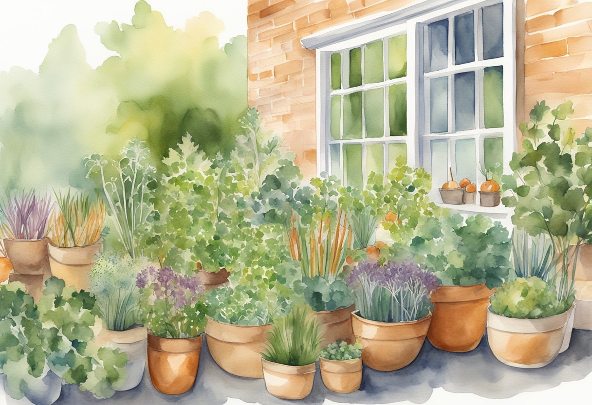 A balcony garden with various plant pairings, such as carrots and onions, displayed on a chart for fall companion planting success