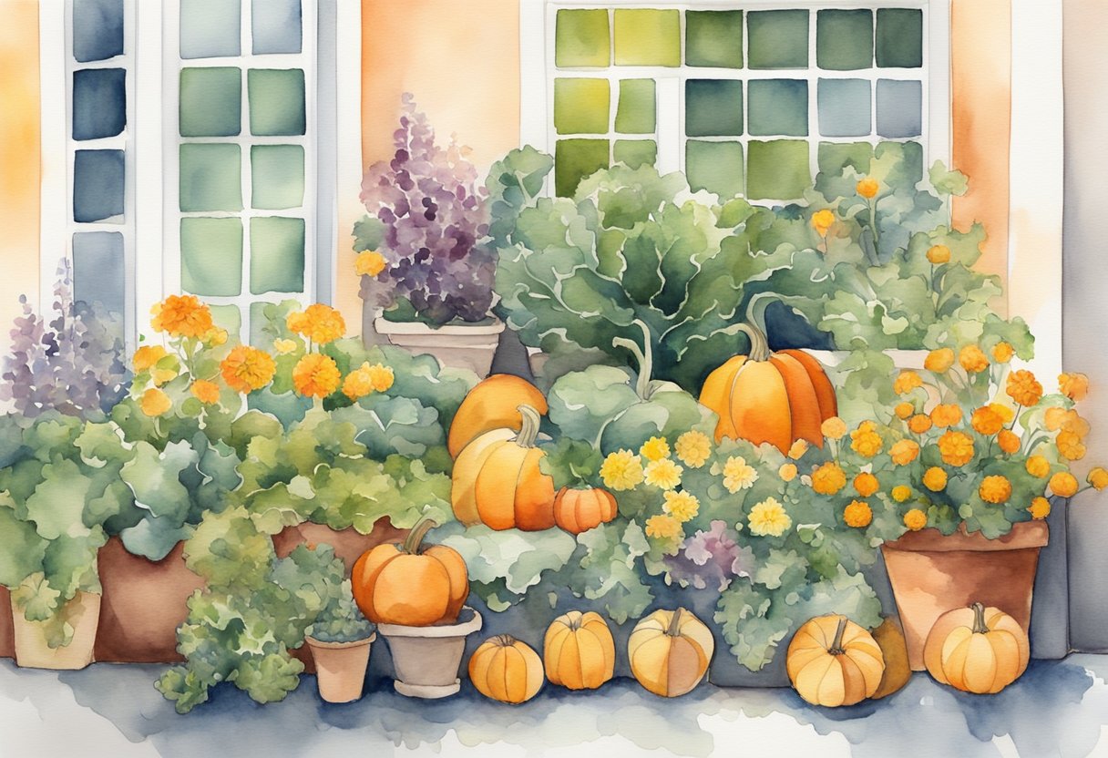 A vibrant balcony garden with pumpkins, kale, and marigolds thriving together in harmony, showcasing the success of companion planting for fall.