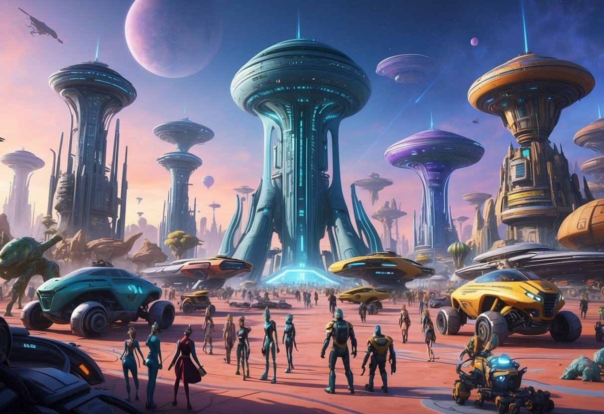 A colorful alien world with towering structures and futuristic vehicles, bustling with diverse characters and creatures