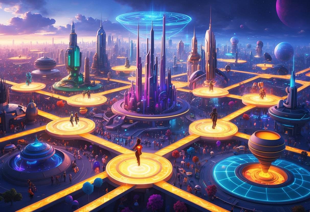 A colorful, bustling metropolis of virtual worlds, connected by glowing portals and inhabited by diverse avatars