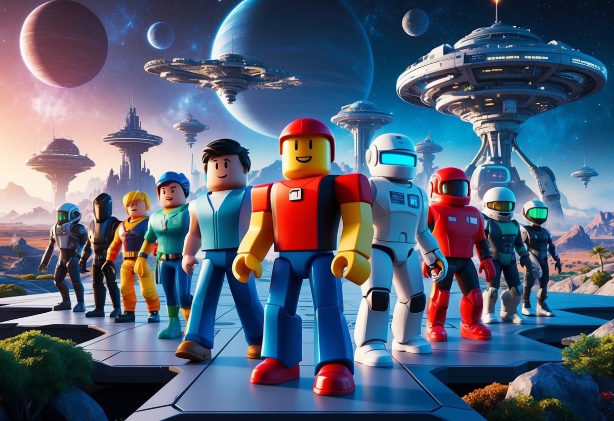 A group of diverse and colorful characters explore futuristic landscapes, space stations, and alien worlds within the Roblox Universe 2024