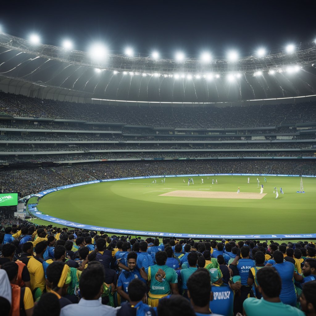 Um estádio lotado durante a Copa do Mundo ICC Men's T20 2024. Fãs acenando bandeiras, torcendo e assistindo ao intenso jogo de críquete.