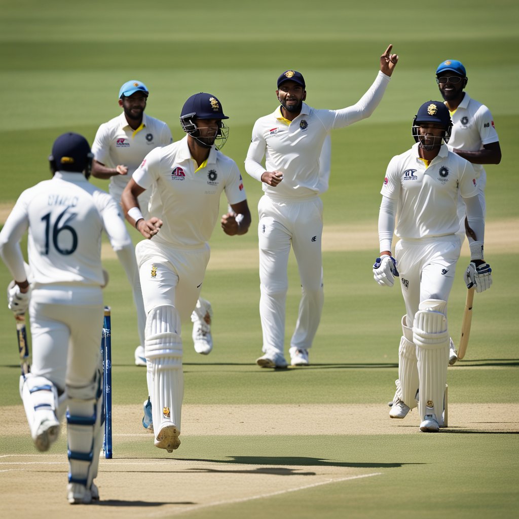 Um grupo de jogadores de críquete em ação em um campo vibrante e iluminado pelo sol durante a Copa do Mundo de T20 Masculina da ICC 2024