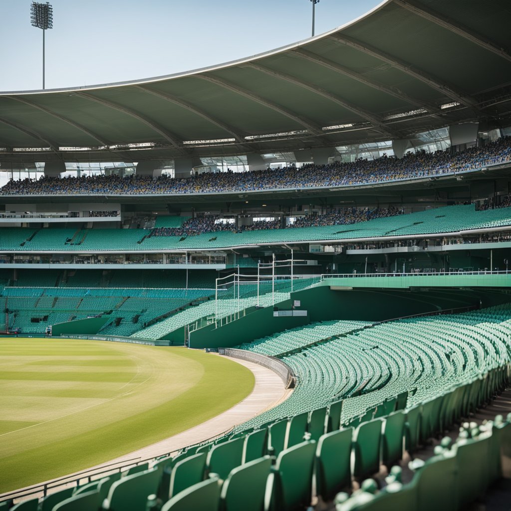 Um estádio de críquete com um campo oficial do Mundial T20 bem mantido, cercado por assentos para espectadores e bancos das equipes dos lados