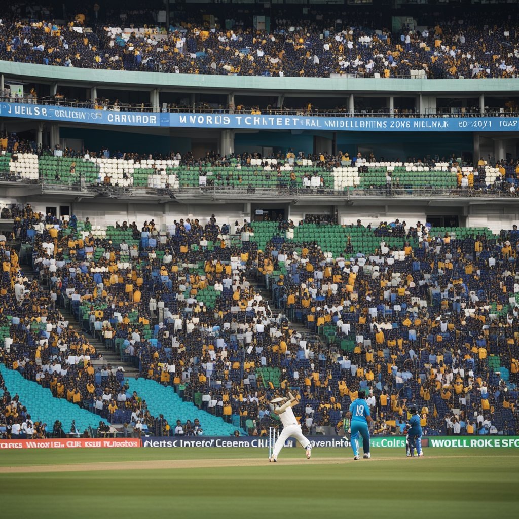 Um estádio de críquete lotado de torcedores aplaudindo durante a Copa do Mundo de T20 Masculina da ICC 2024