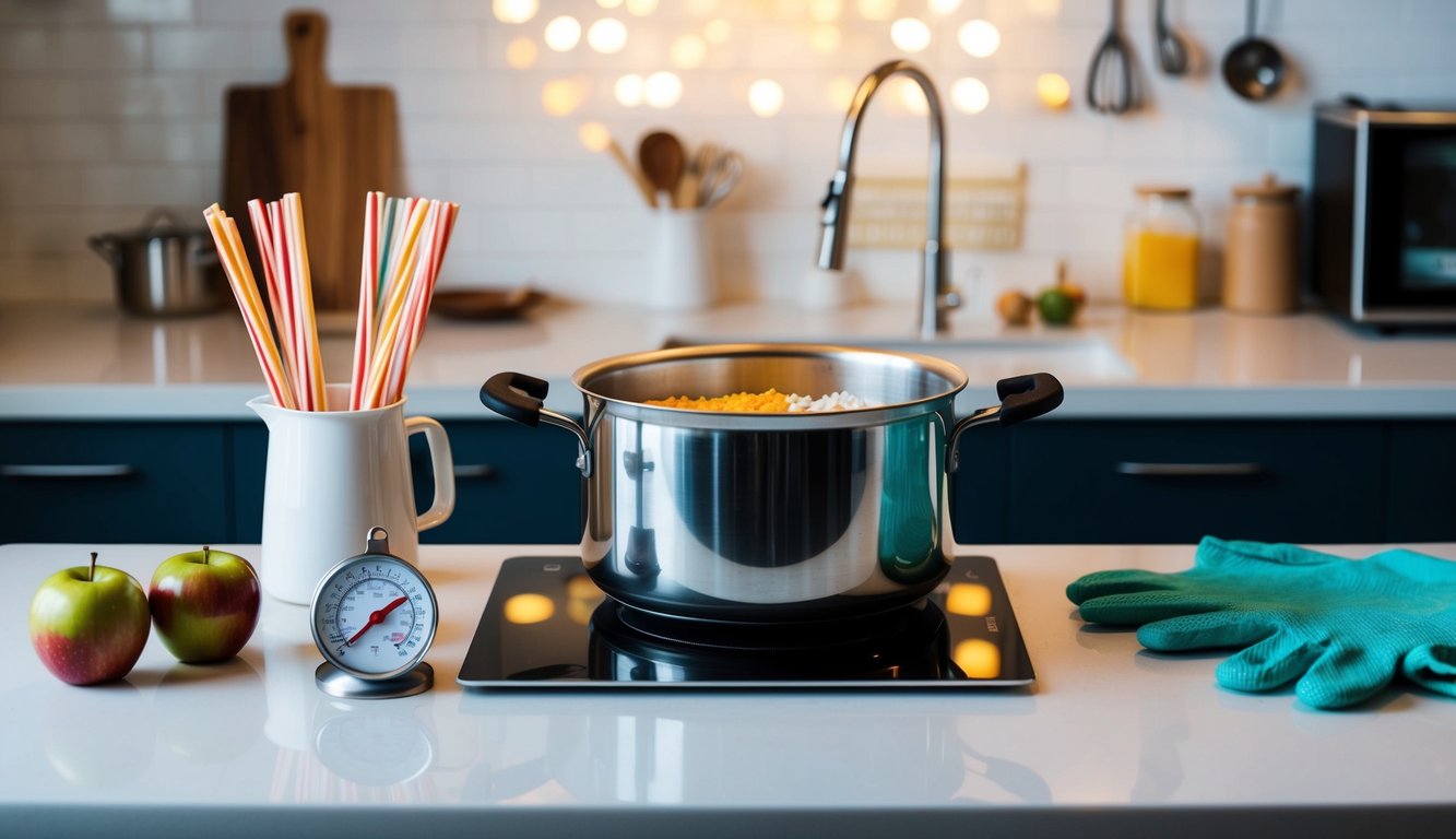 A kitchen counter with ingredients, a pot, thermometer, and candy apple sticks. A safety glove and apron hang nearby