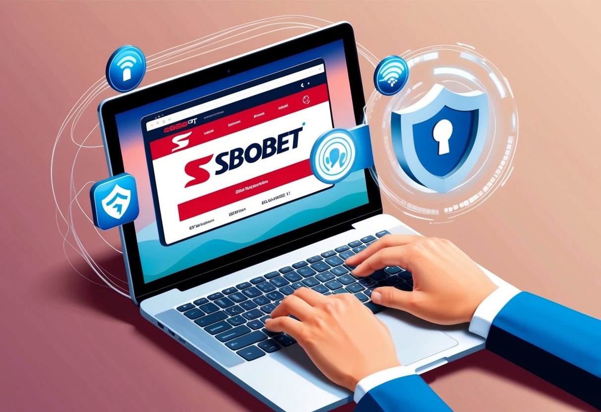 Sebuah laptop yang menampilkan situs web SBOBET dengan simbol koneksi yang aman, dikelilingi oleh koneksi internet yang cepat dan aman