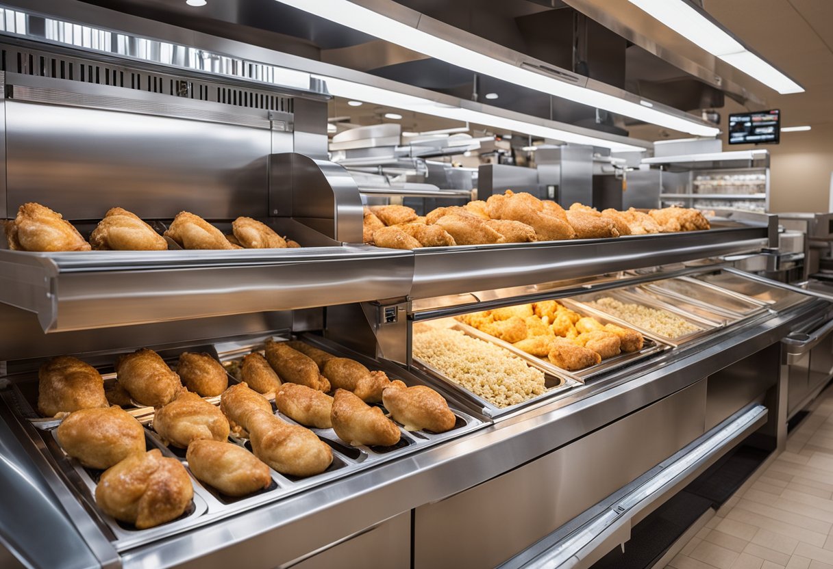 A rotisserie chicken machine in a bright, bustling grocery store, with a sleek design and various buttons and dials for power features