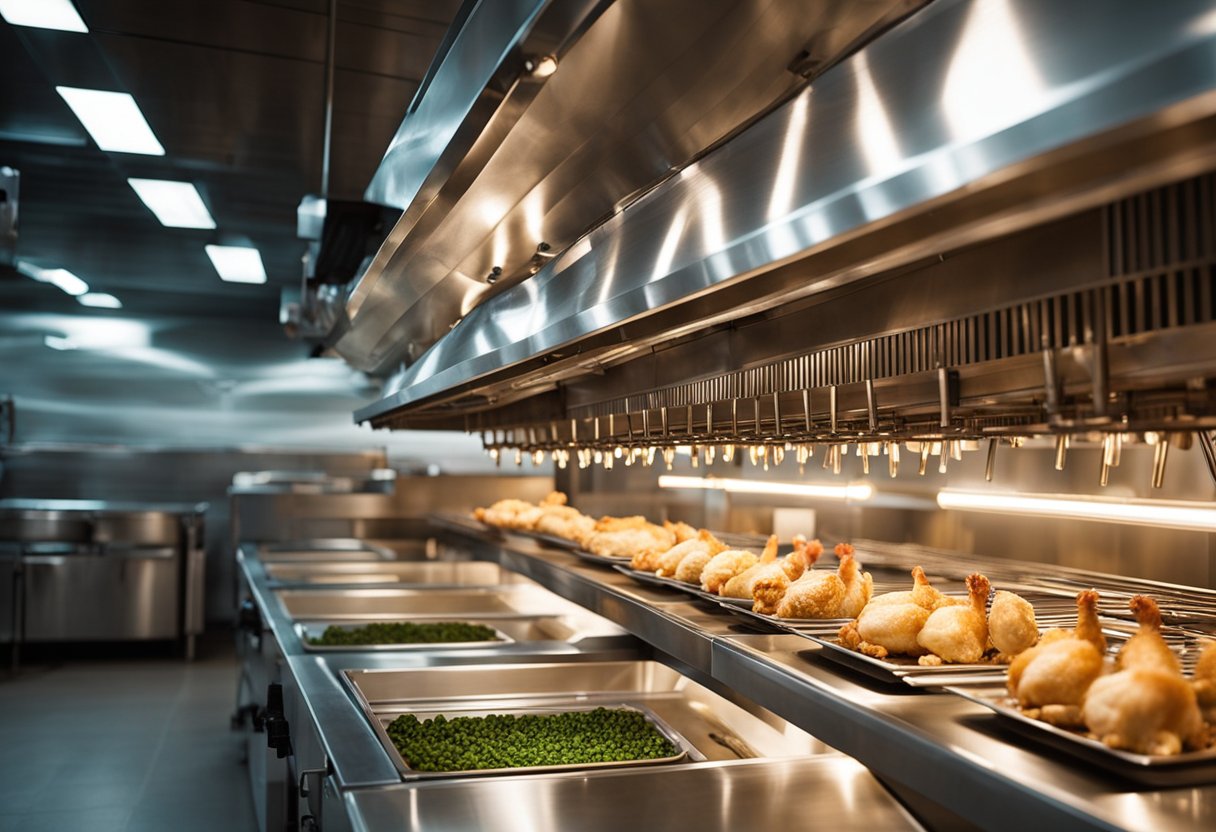 A row of stainless steel rotisserie chicken machines, each with multiple spits rotating succulent chickens under bright overhead lights