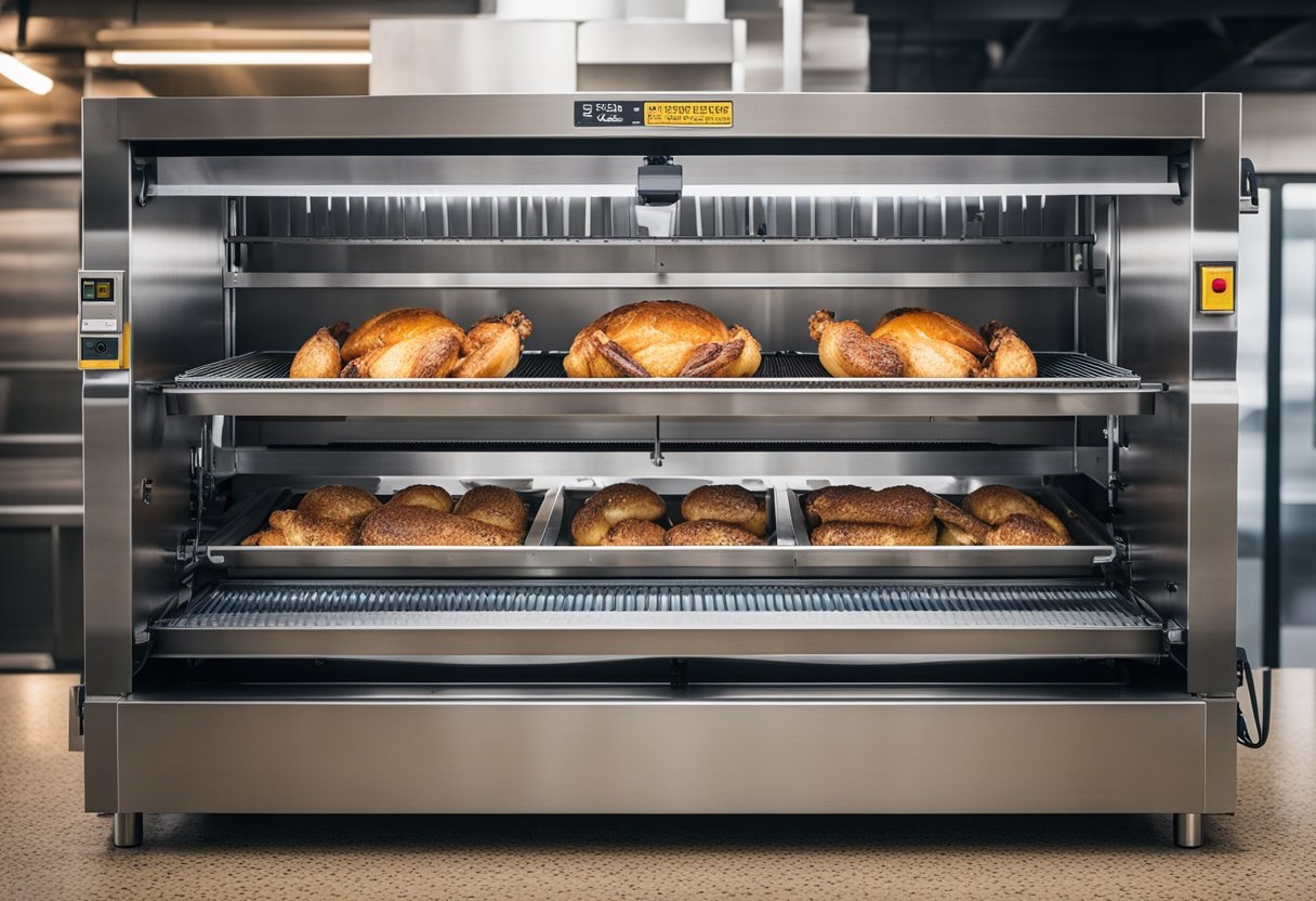 A rotisserie chicken machine with various power features, prices, and warning labels displayed prominently