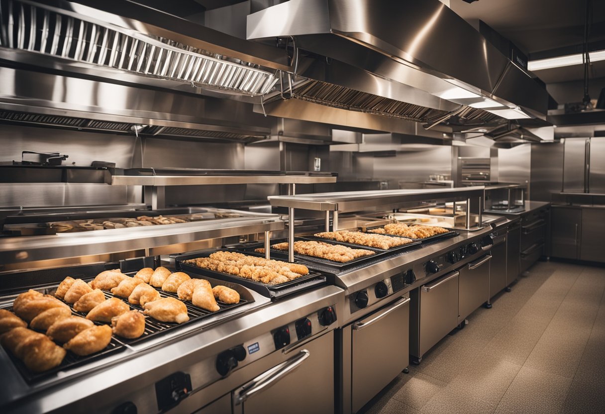 A bustling kitchen with various rotisserie chicken machines from popular brands, each with different power features and prices, accompanied by prominent warning labels