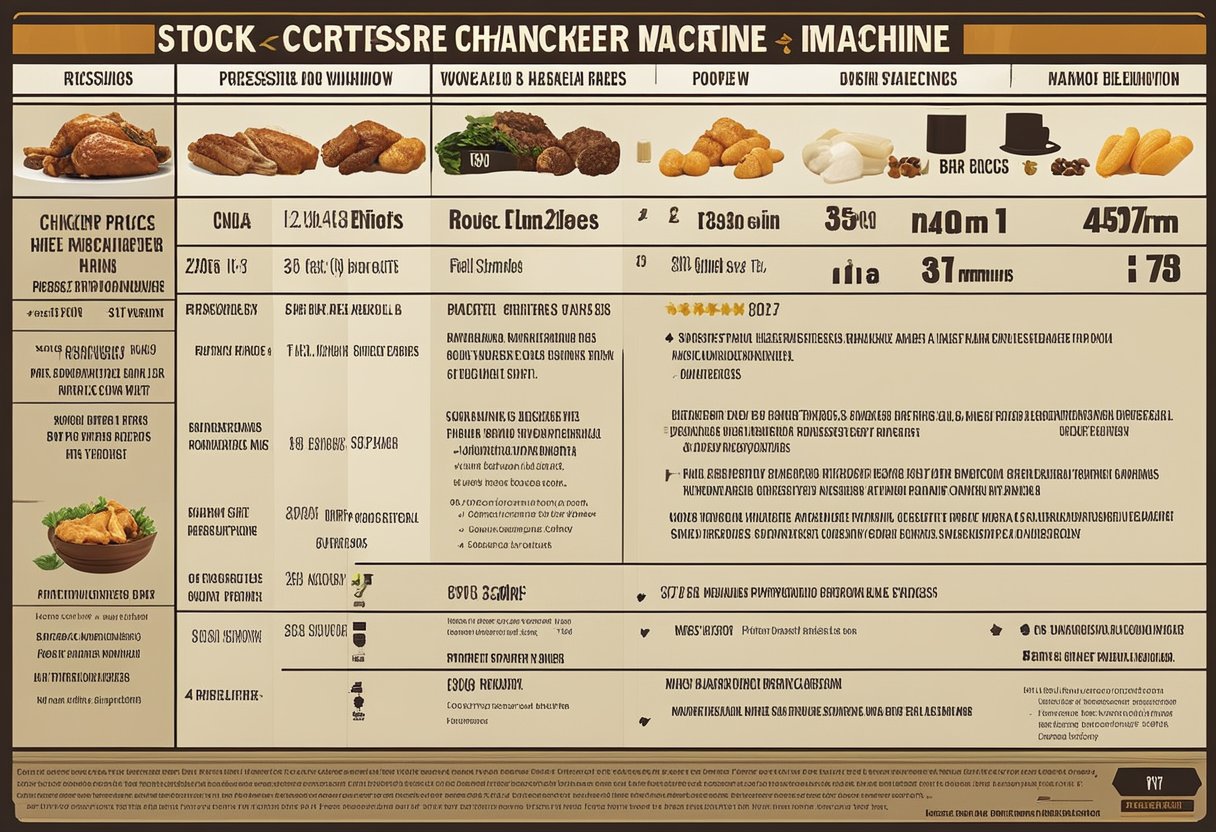 The rotisserie chicken machine's power features, prices, and warnings are displayed in a detailed breakdown chart, with various components and labels clearly labeled