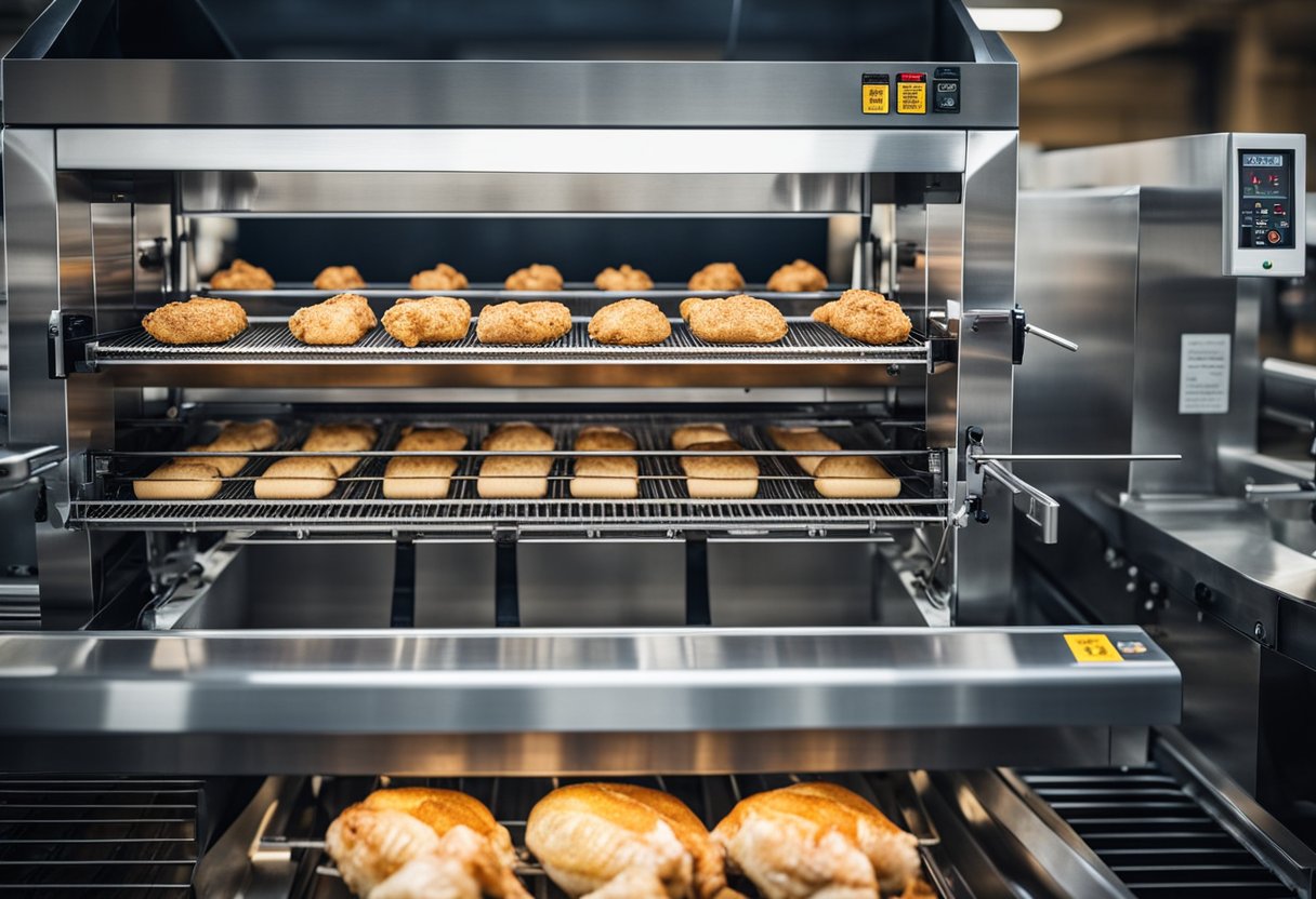 A rotisserie chicken machine with safety features, power controls, price display, and warning labels