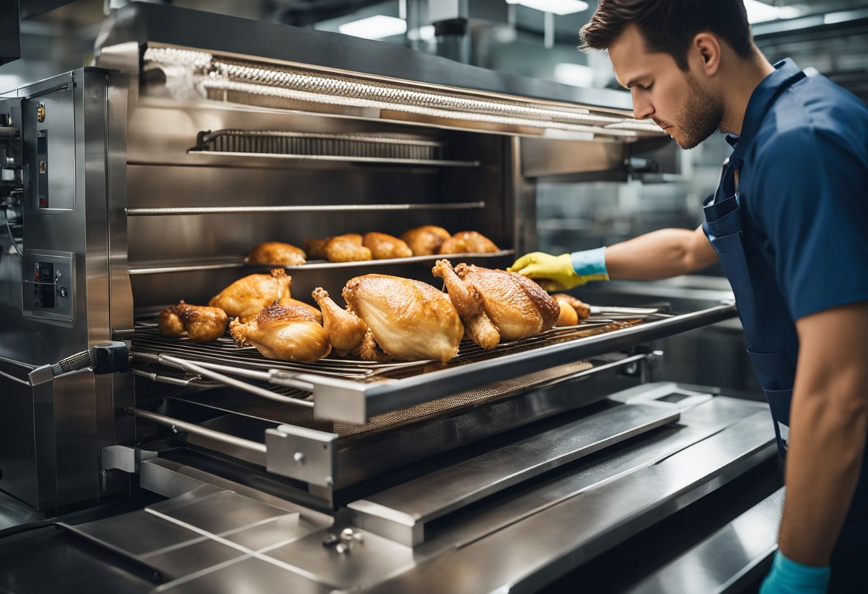 A rotisserie chicken machine being cleaned and maintained, with various parts being inspected and serviced by a technician