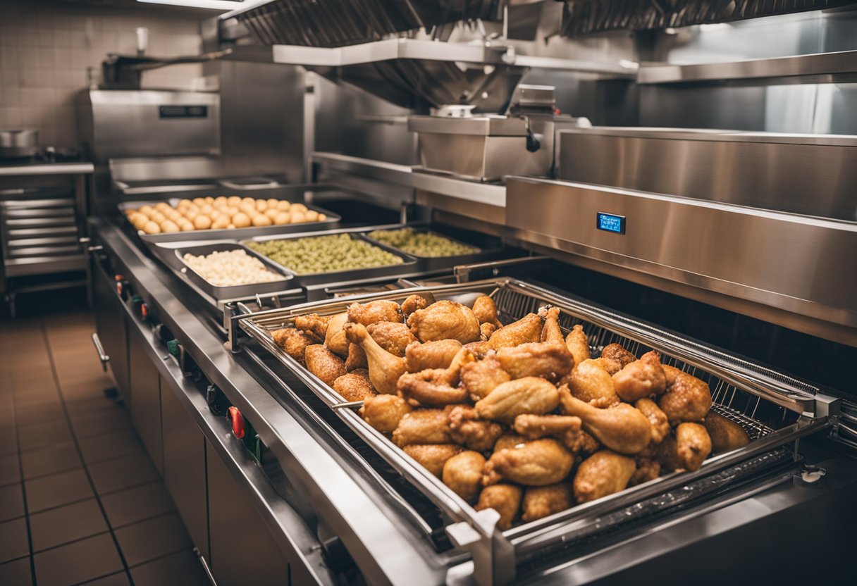 A rotisserie chicken machine with power features, price tags, and warning signs displayed in a commercial kitchen setting