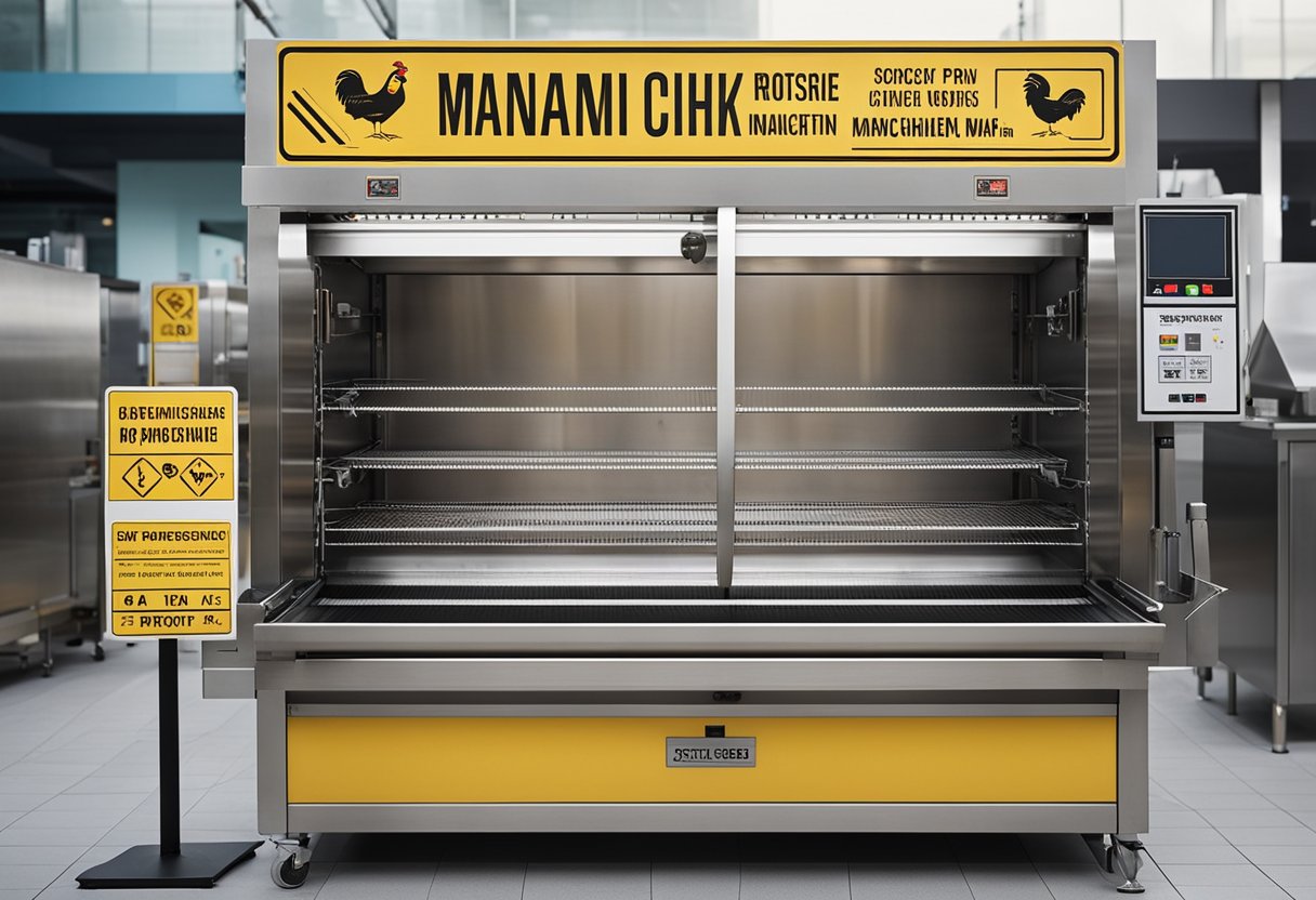 A rotisserie chicken machine with warning signs, price tags, and caution symbols displayed prominently