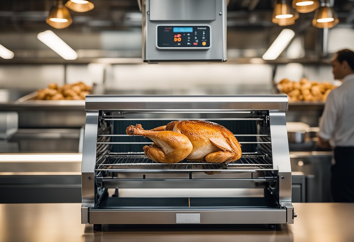 A rotisserie chicken machine with warranty and support information, power features, prices, and warnings displayed prominently