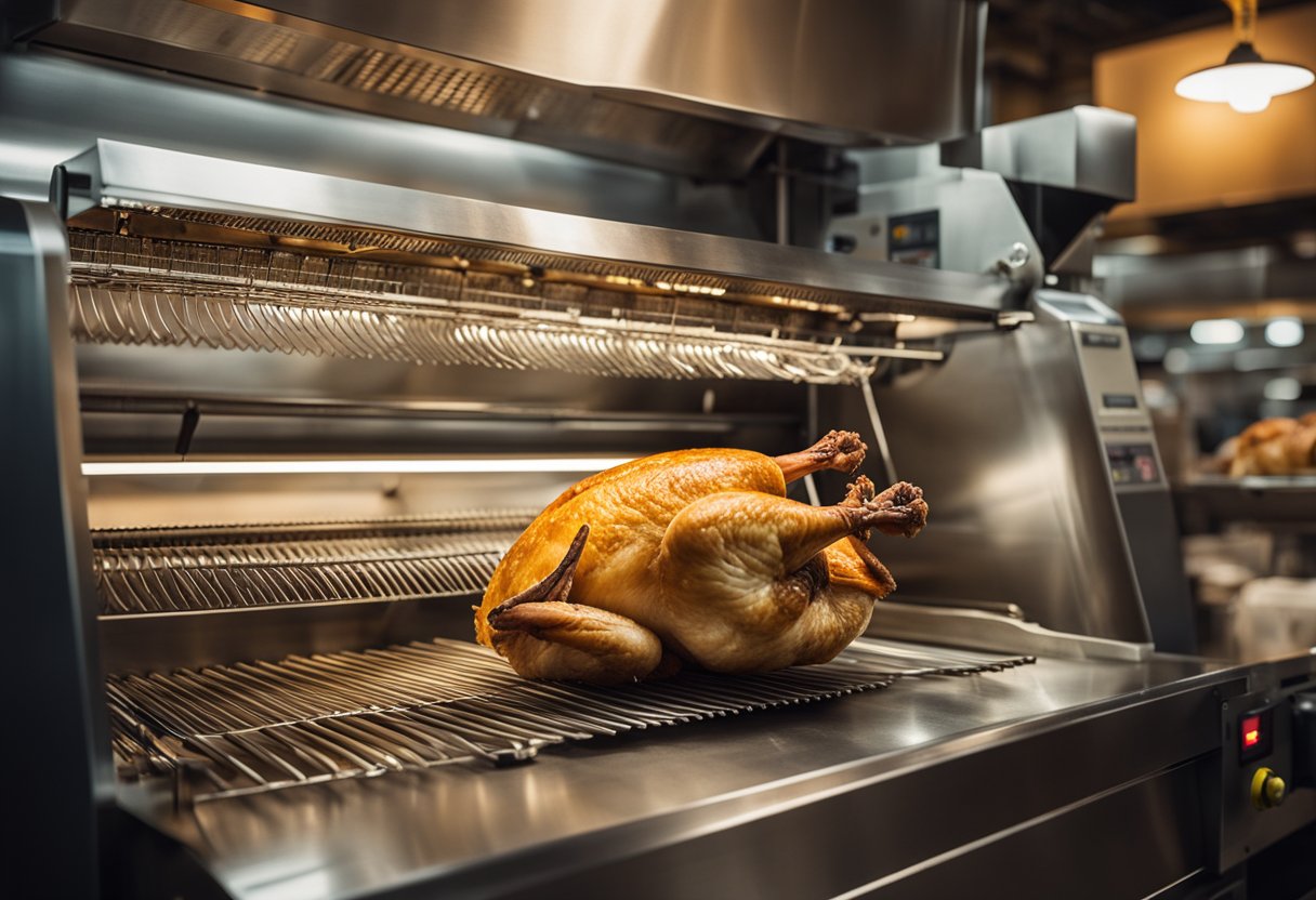 A rotisserie chicken machine surrounded by glowing power features, price tags, and warning signs