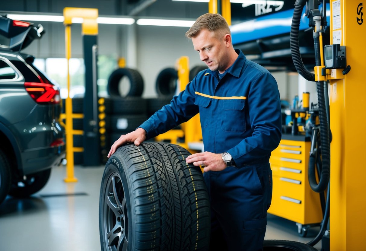 En professionell mekaniker på en auktoriserad däckverkstad i Lindesberg, Sverige, inspekterar noggrant och servar en bils däck, omgiven av specialverktyg och utrustning.