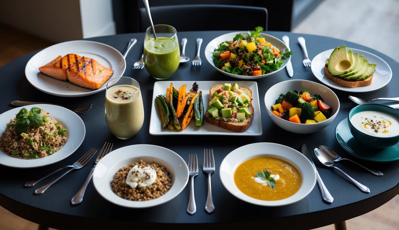 A table set with 10 colorful dishes: grilled salmon, quinoa salad, avocado toast, vegetable stir-fry, fruit smoothie, oatmeal, roasted vegetables, lentil soup, Greek yogurt parfait, and green tea