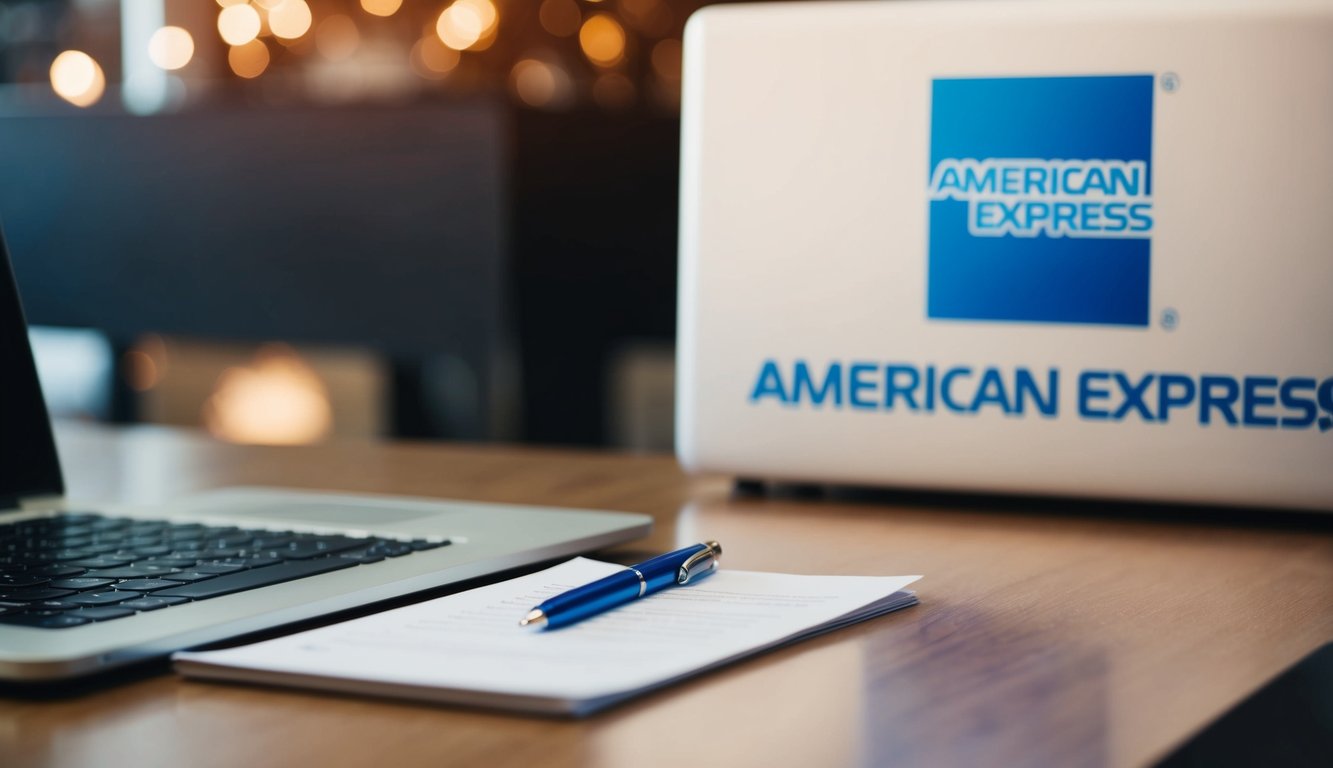 A desk with a laptop, pen, and paper. An American Express logo in the background