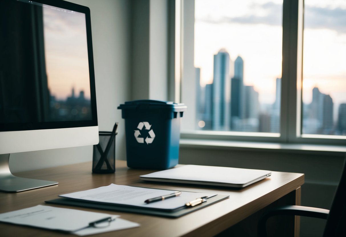 Un bureau avec un ordinateur, des documents et un stylo. Une fenêtre montre un paysage urbain. Une poubelle de recyclage est dans le coin.